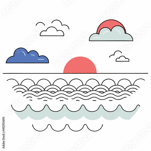 Serene sunset over a calm ocean, depicted with simple line art and soft pastel colors.