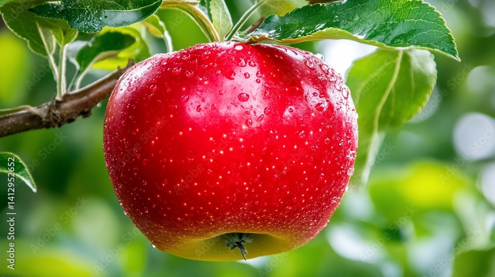 Obraz premium Ripe red apple hanging from branch