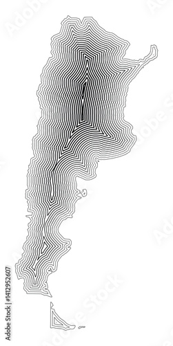 Abstract map of Argentina showing the country border buffered inside with black tapering lines