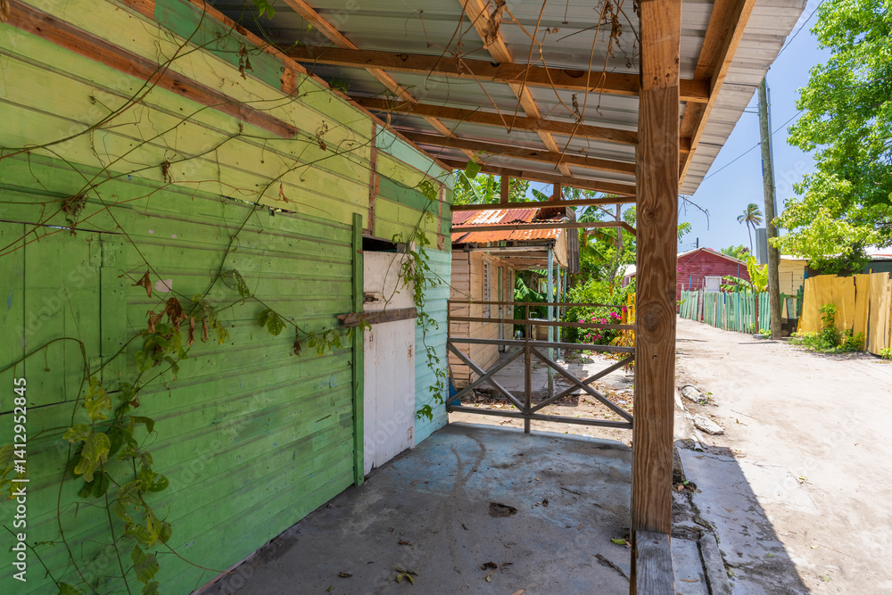 Typical colorful house of the Saona Island,humble houses of native people village,Mano Juan fishing village,Dominican Republic.
