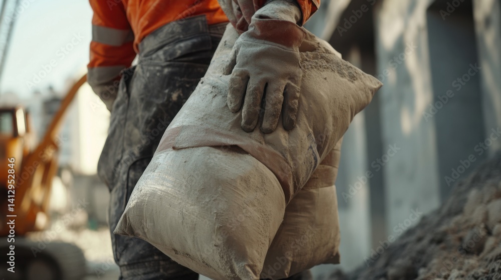 Construction worker handling cement bags for mixing. Featuring strength and technique Construction worker handling cement bags for mixing. Featuring strength and technique