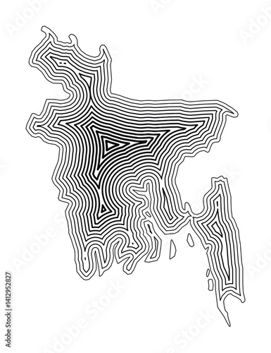 Abstract map of Bangladesh showing the country border buffered inside with black tapering lines