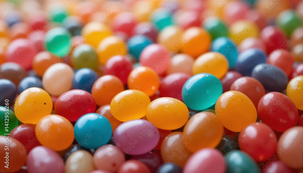 Close-up of a vibrant assortment of glossy jelly beans in various colors and shapes. Concept of sweets and candy for celebrations and events. Close-up of a vibrant assortment of glossy jelly beans in various colors and shapes. Concept of sweets and candy for celebrations and events.