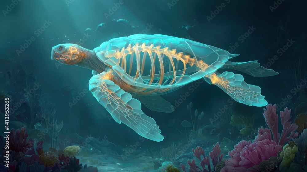 Fototapeta premium Semi-Realistic Illustration of a Glowing Sea Turtle Skeleton Swimming Gracefully Among Coral Reefs, Highlighting the Radiant Aqua Light and Intricate Details of Underwater Life