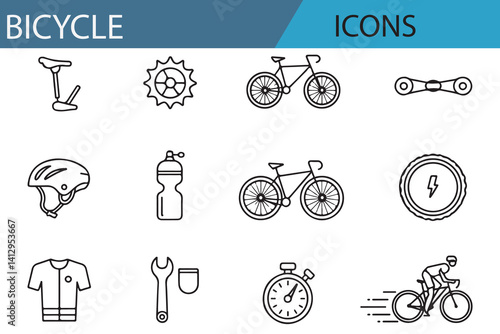 A collection of bicycle-related icons including a helmet, sunglasses, bikes, gloves, pump, scooter, wrench, and water bottle, perfect for cycling enthusiasts and related businesses.