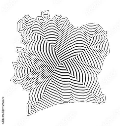 Abstract map of Ivory Coast showing the country border buffered inside with black tapering lines