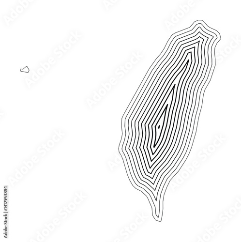 Abstract map of Taiwan showing the country border buffered inside with black tapering lines