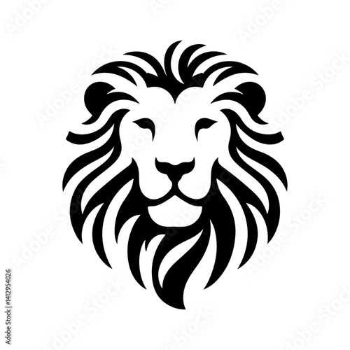 Lion head logo, tribal style, black and white, symmetrical design, stylized mane, minimalist art, bold lines, iconic emblem, graphic silhouette, majestic feline, vector illustration, strong contrast