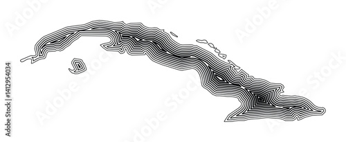Abstract map of Cuba showing the country border buffered inside with black tapering lines