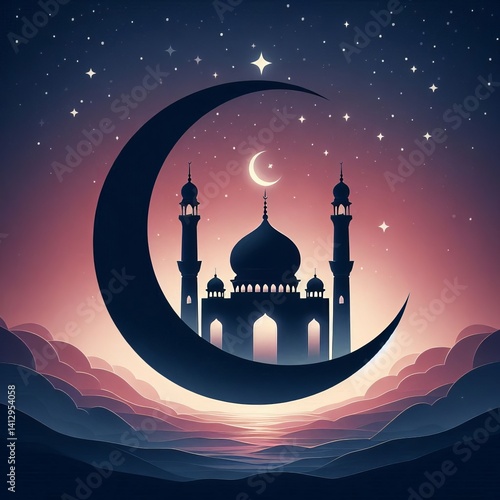 Elegant Graphic Depicting a Mosque With Crescent Moon and Stars