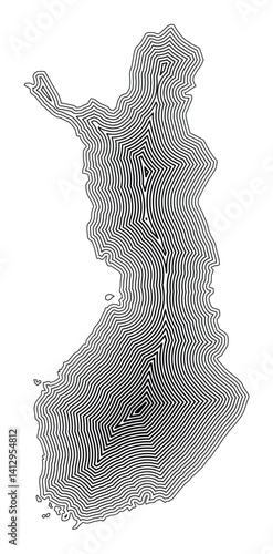 Abstract map of Finland showing the country border buffered inside with black tapering lines
