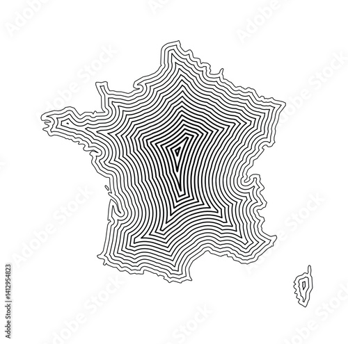 Abstract map of France showing the country border buffered inside with black tapering lines