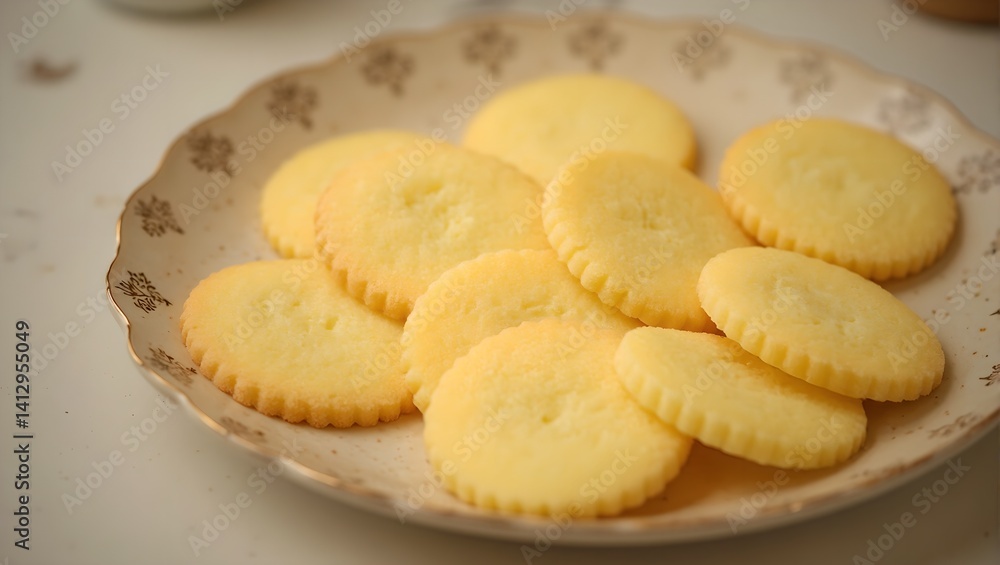 Exquisite butter cookies in golden hues on a vintage tray elegantly arranged with soft lighting and delicate shadows Exquisite butter cookies in golden hues on a vintage tray elegantly arranged with soft lighting and delicate shadows