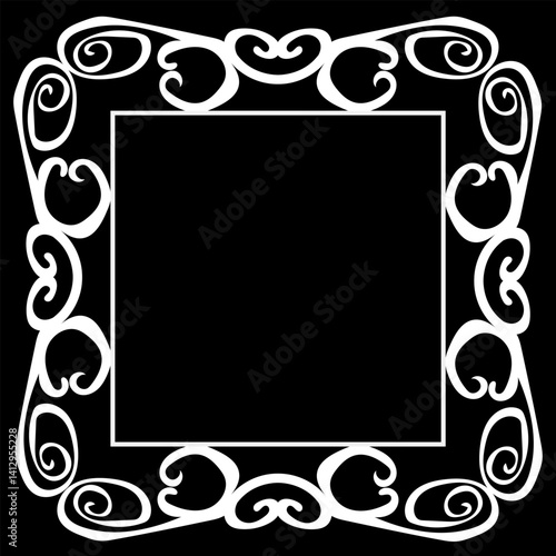 Original patterned quadrangular white frame in doodle style on black background