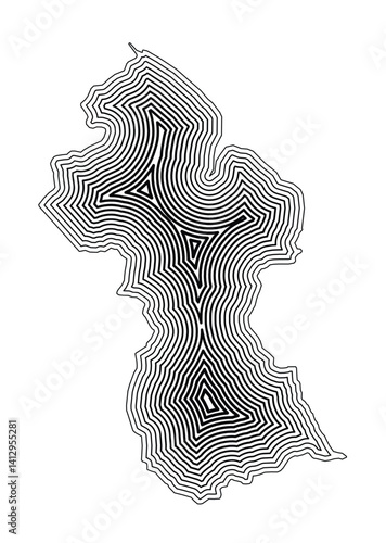 Abstract map of Guyana showing the country border buffered inside with black tapering lines