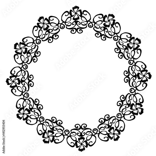 Beautiful round frame in black with floral pattern on white background