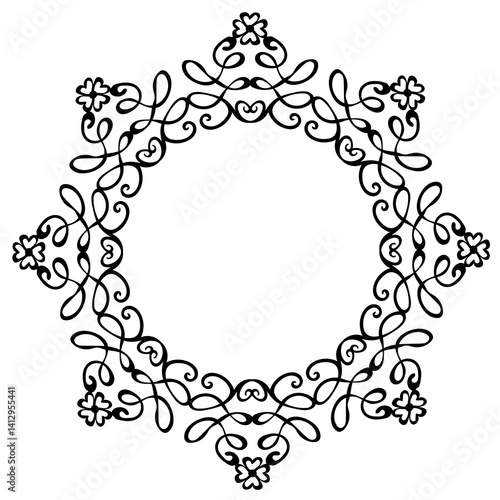 Beautiful patterned round frame in black on white background