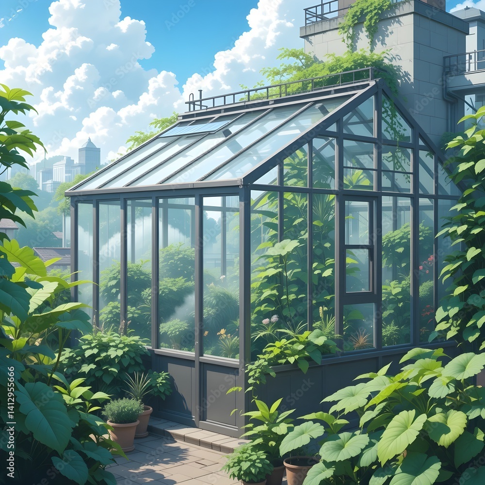 Fototapeta premium Anime rooftop greenhouse with morning fog and green light