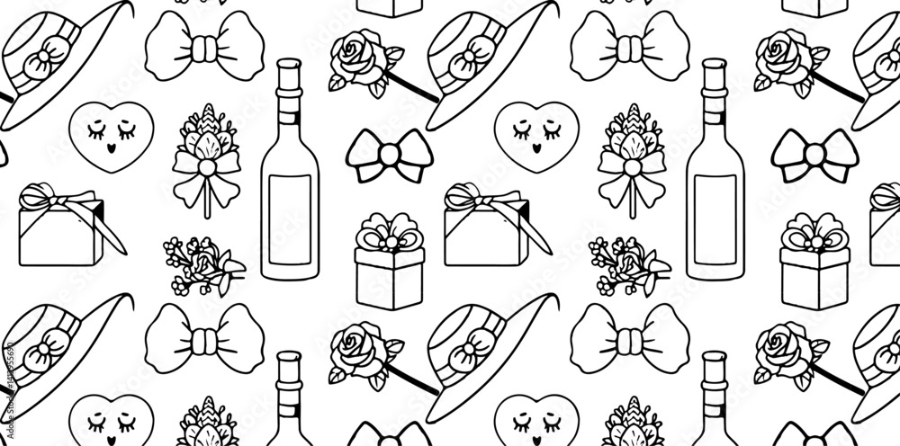 Fototapeta premium Doodle Style Valentine's Day Repeat Pattern Vector Design of Wine, Roses, Bows, Gifts, and a Heart with Eyelashes