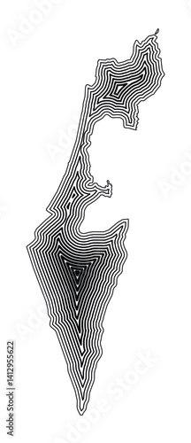 Abstract map of Israel showing the country border buffered inside with black tapering lines