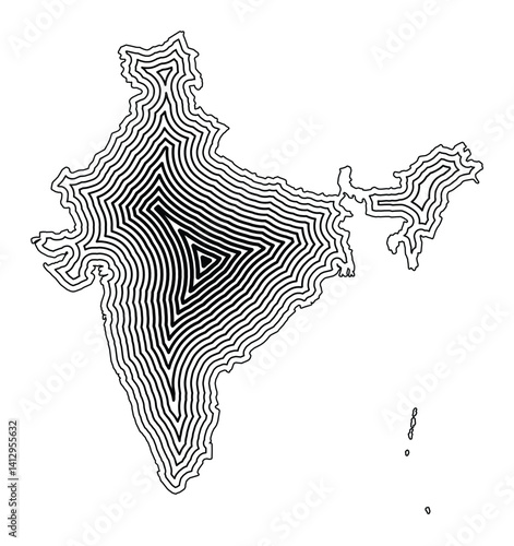 Abstract map of India showing the country border buffered inside with black tapering lines