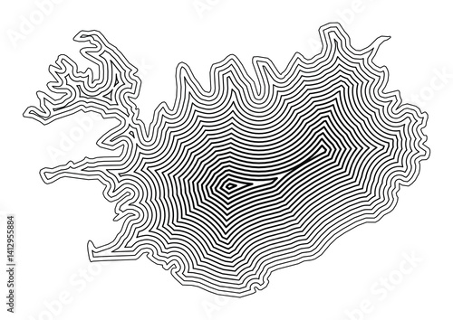 Abstract map of Iceland showing the country border buffered inside with black tapering lines