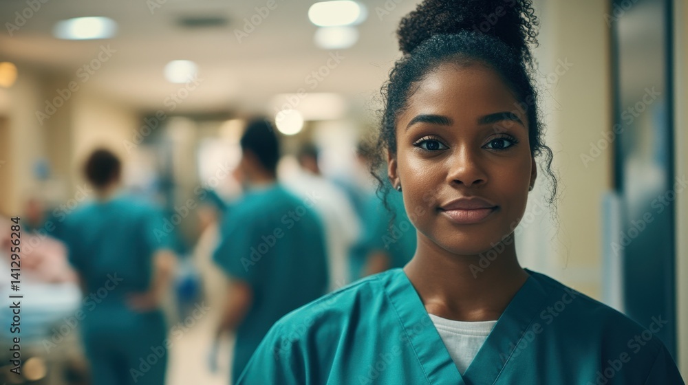Fototapeta premium A young Black female nurse in a hospital setting, exuding professionalism and compassion while attending to patient care in a busy medical environment.