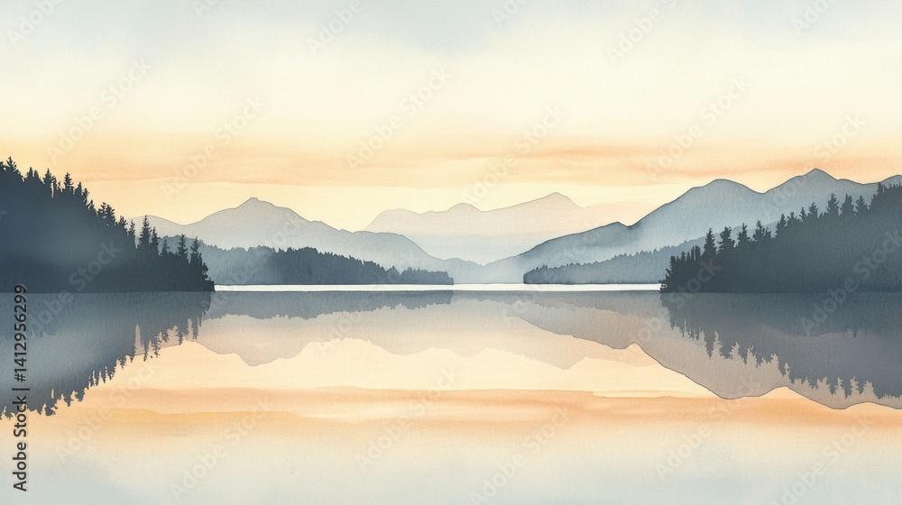 Fototapeta premium Calm waters reflect the soft hues of dawn while mountains rise in the background, creating a peaceful atmosphere perfect for contemplation and relaxation
