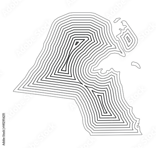 Abstract map of Kuwait showing the country border buffered inside with black tapering lines