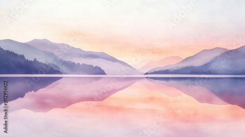 Wallpaper Mural A stunning view features a calm lake at sunset reflecting soft pastel colors and misty mountains in the background, creating a peaceful atmosphere in nature Torontodigital.ca