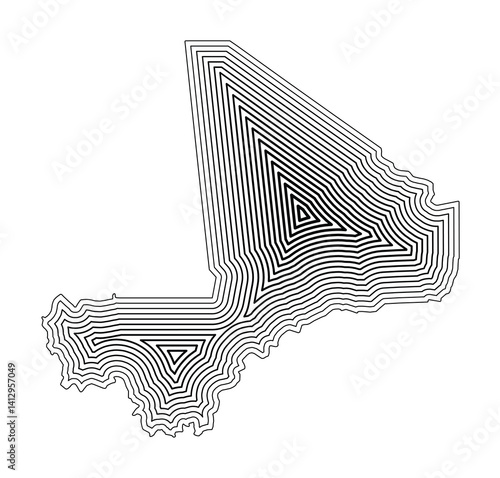 Abstract map of Mali showing the country border buffered inside with black tapering lines