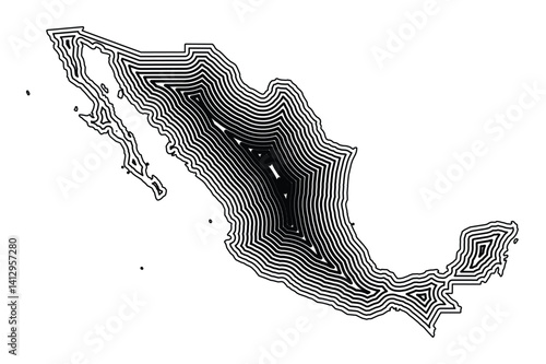 Abstract map of Mexico showing the country border buffered inside with black tapering lines