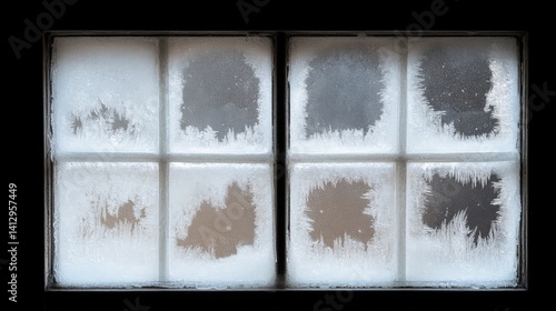 Intricate frost patterns decorate a frozen window against a dark backdrop, capturing the beauty of winter's chill