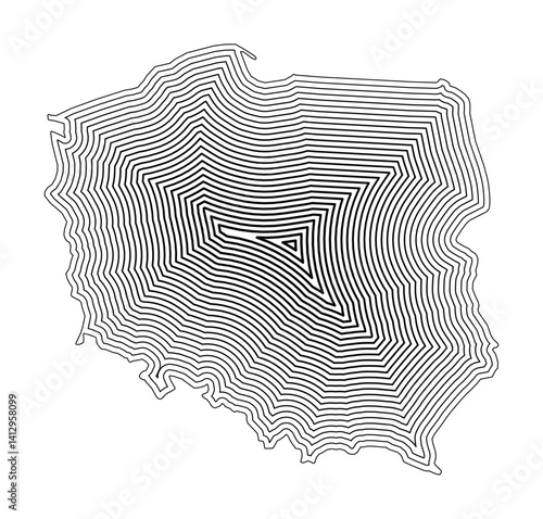 Abstract map of Poland showing the country border buffered inside with black tapering lines