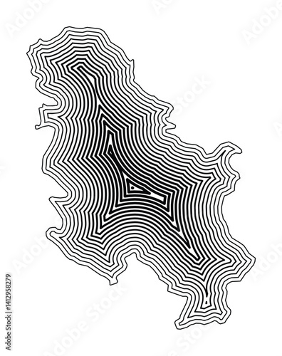 Abstract map of Serbia showing the country border buffered inside with black tapering lines