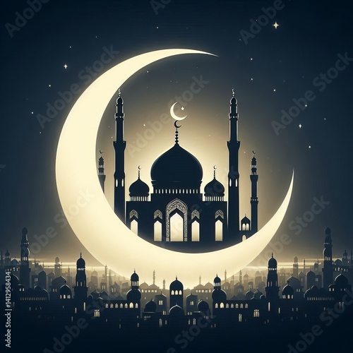 Elegant Graphic Depicting a Mosque With Crescent Moon and Stars