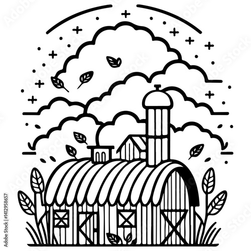 Stylized Farmscape Outline with Rural Elements
