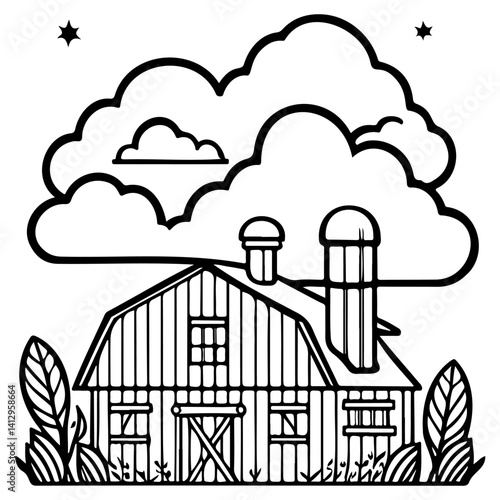Rural Farmhouse Landscape Outline with Cloudy Sky