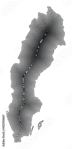 Abstract map of Sweden showing the country border buffered inside with black tapering lines