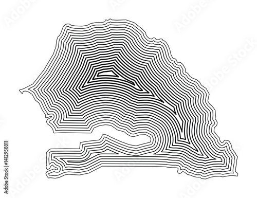 Abstract map of Senegal showing the country border buffered inside with black tapering lines