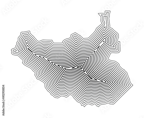 Abstract map of South Sudan showing the country border buffered inside with black tapering lines
