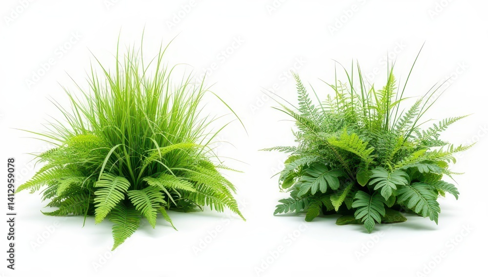 Lush Green Foliage Arrangements: Ferns and Grass Isolated on White