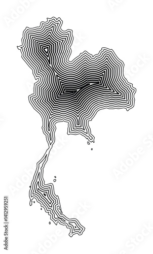 Abstract map of Thailand showing the country border buffered inside with black tapering lines