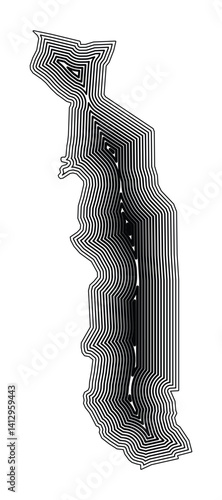 Abstract map of Togo showing the country border buffered inside with black tapering lines
