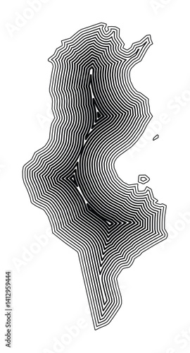 Abstract map of Tunisia showing the country border buffered inside with black tapering lines