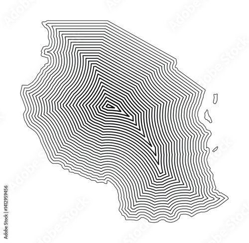 Abstract map of the Tanzania showing the country border buffered inside with black tapering lines