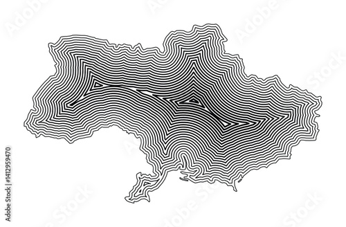 Abstract map of Ukraine showing the country border buffered inside with black tapering lines