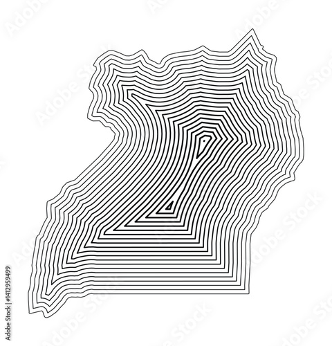 Abstract map of Uganda showing the country border buffered inside with black tapering lines