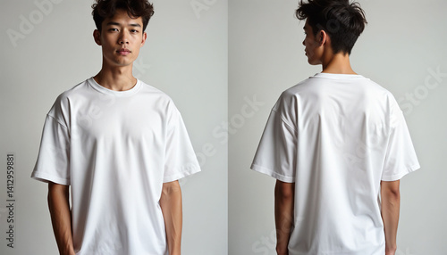 Oversized white T-shirt mockup on Asian male model front and back
