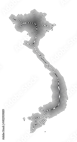 Abstract map of Vietnam showing the country border buffered inside with black tapering lines